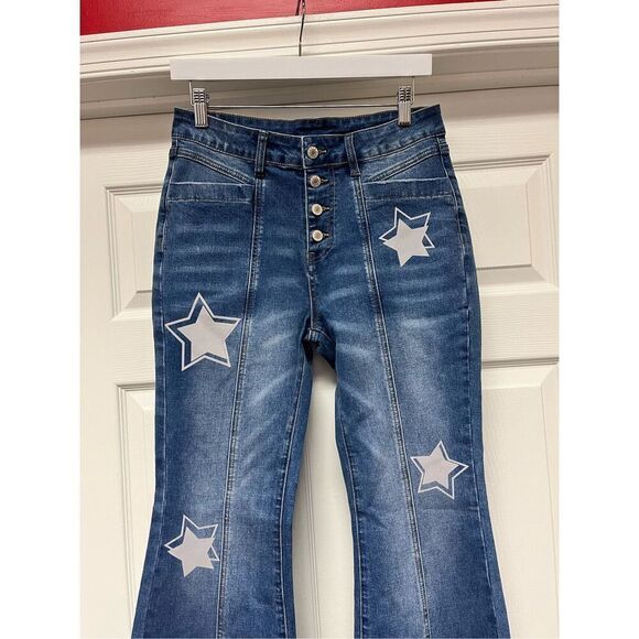 Button Fly High Rise Bootcut Star Print Boho Festival Coachella Jeans sz 10 EUC - Picture 2 of 6